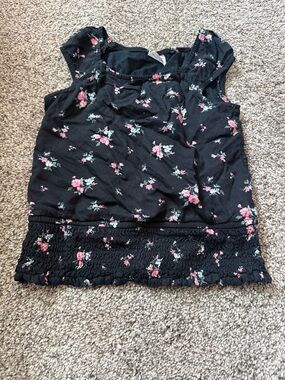 abercrombie kids Black Floral Ruffle Sleeve Top - Pink & Green Print